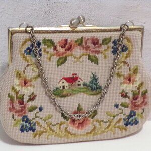 Tapestry NeedlePoint Purse Handbag with Chain Handle Gold Lining Grandmas Purse!